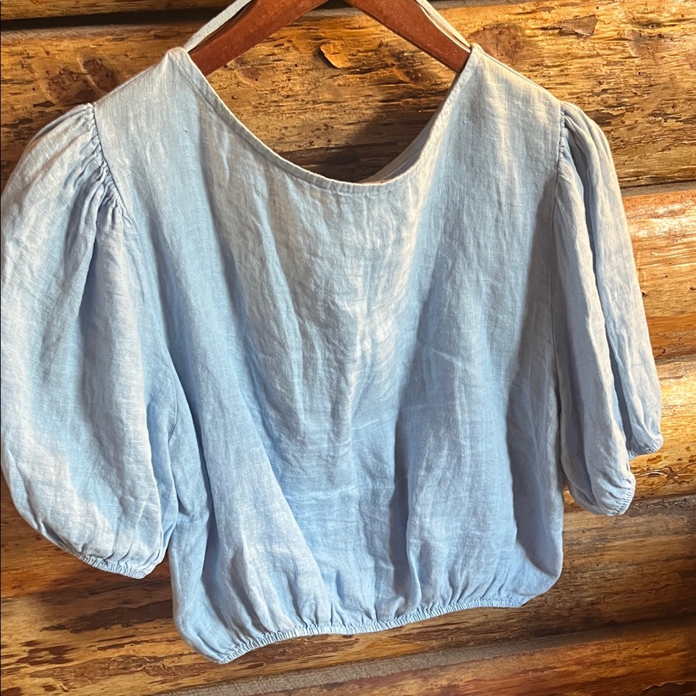Elegant Light Blue Puff Sleeve Blouse - Picture 4 of 4